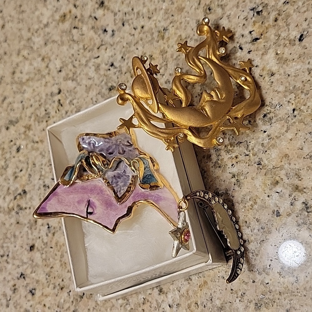 3 celestial-themed brooches